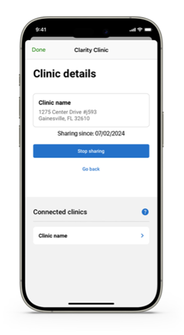 Clinic details screen in Dexcom app - shows example share with the note "sharing since 07/02/2010" - 2 options shown on screen "stop sharing" and "go back"