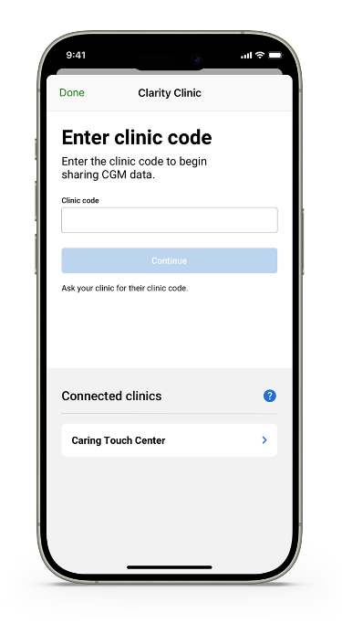 Clarity clinic screen on the Dexcom app - shows a field to enter the Clinic code to begin sharing CGM data with a note "ask your clinic for your clinic code" - section bellow shows connected clinics