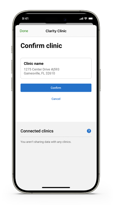 Clarity Clinic in the Dexcom app - Confirm Clinic screen showing 2 options "confirm" and "cancel"