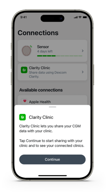 Popup over connections screen in the Dexcom app - "Clarity Clinic - clarity clinic lets you share your CGM data with your clinic. Tap Continue to start sharing with your clinic and to see your connected clinics" - button shown that says "Continue"