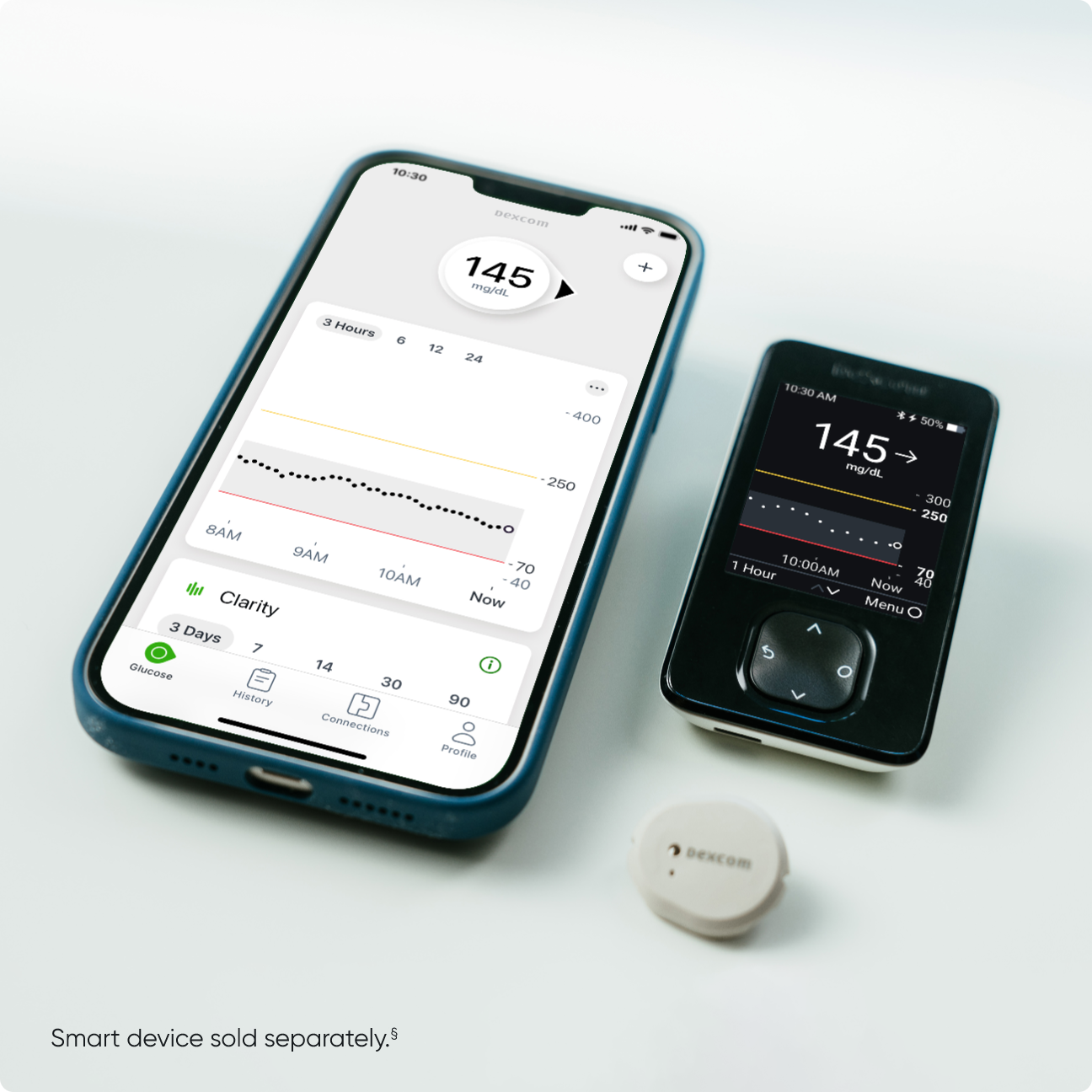 smart phone with dexcom app screen with receiver and sensor
